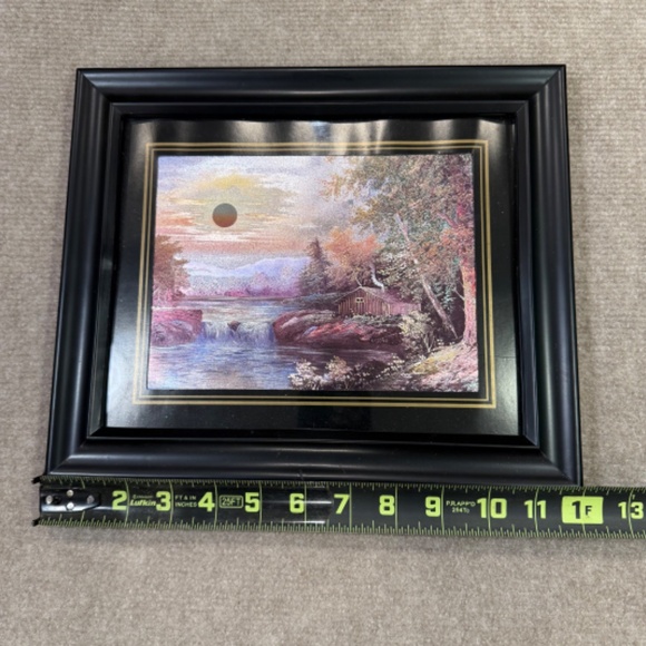 VTG Etched Foil Art Print Framed Outdoor Scene Cabin Woods Mountains Waterfall - Picture 4 of 7